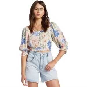 NWT Billabong Cropped Blouse Junior Size L Floral Print Puff Sleeves Royal Wear